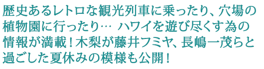 歴史あるレトロな観光列車に乗ったり、穴場の植物園に行ったり…　ハワイを遊び尽くす為の情報が満載！木梨が藤井フミヤ、長嶋一茂らと過ごした夏休みの模様も公開！